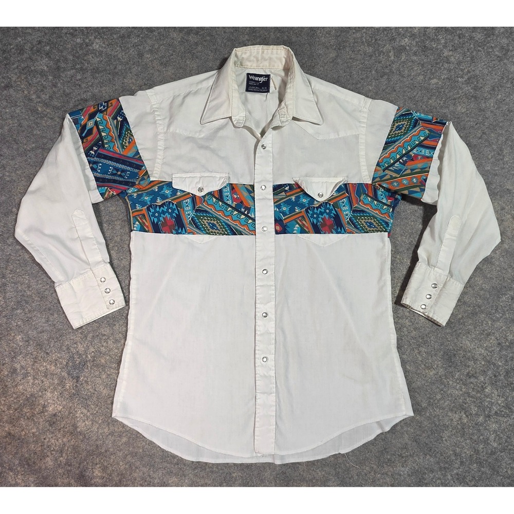 Wrangler Cowboy Cut Western Shirt Mens 15-33 White Aztec Southwestern Pearl Snap